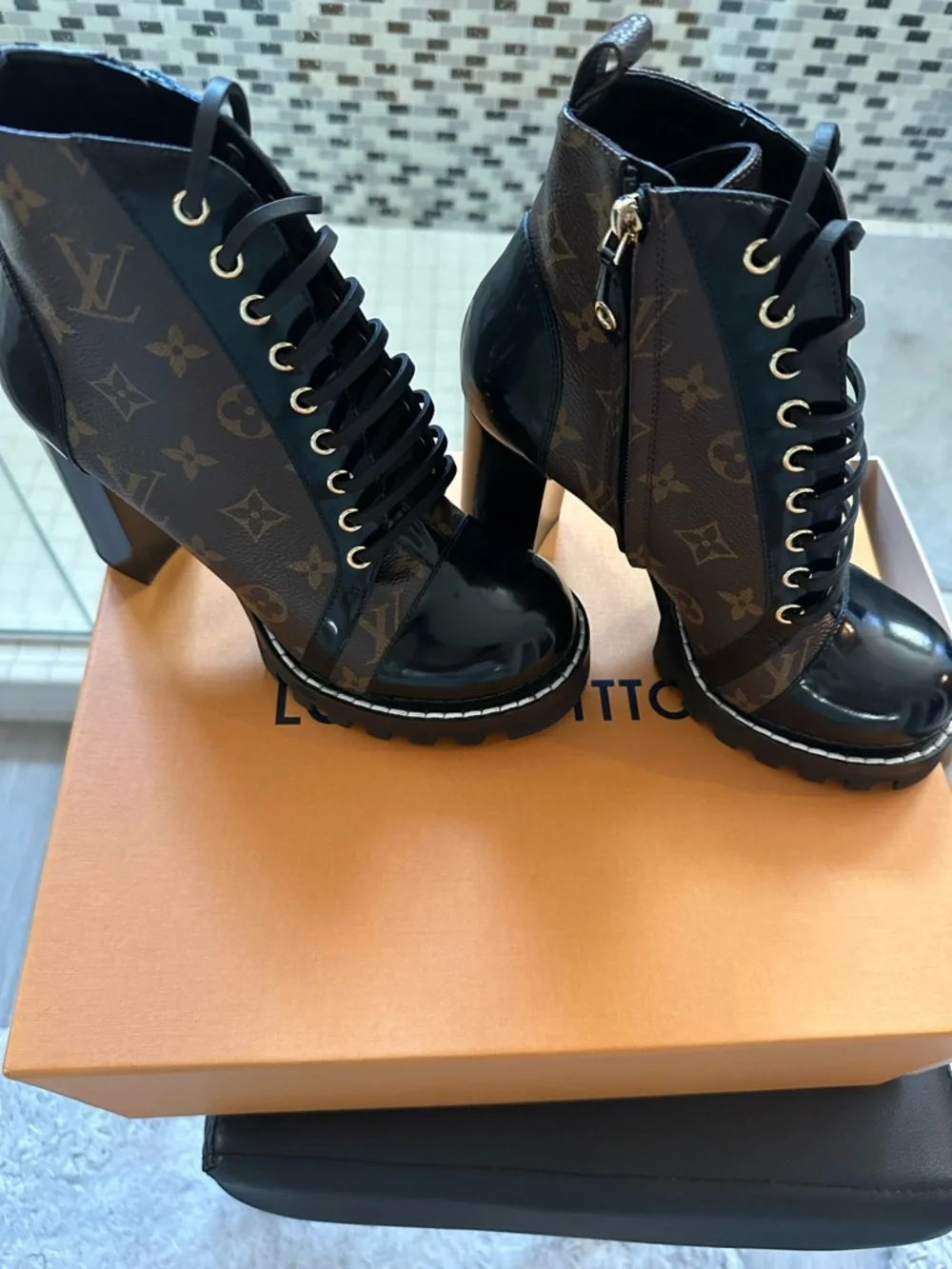 Louis Vuitton Monogram Lace-Up Patent Toe Ankle Boots in Brown and Black - Picture 3 of 3